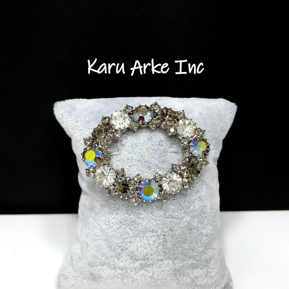 Karu Arke Aurora Borealis Brooch, Clear AB Black Diamond Rhinestones, 1950s